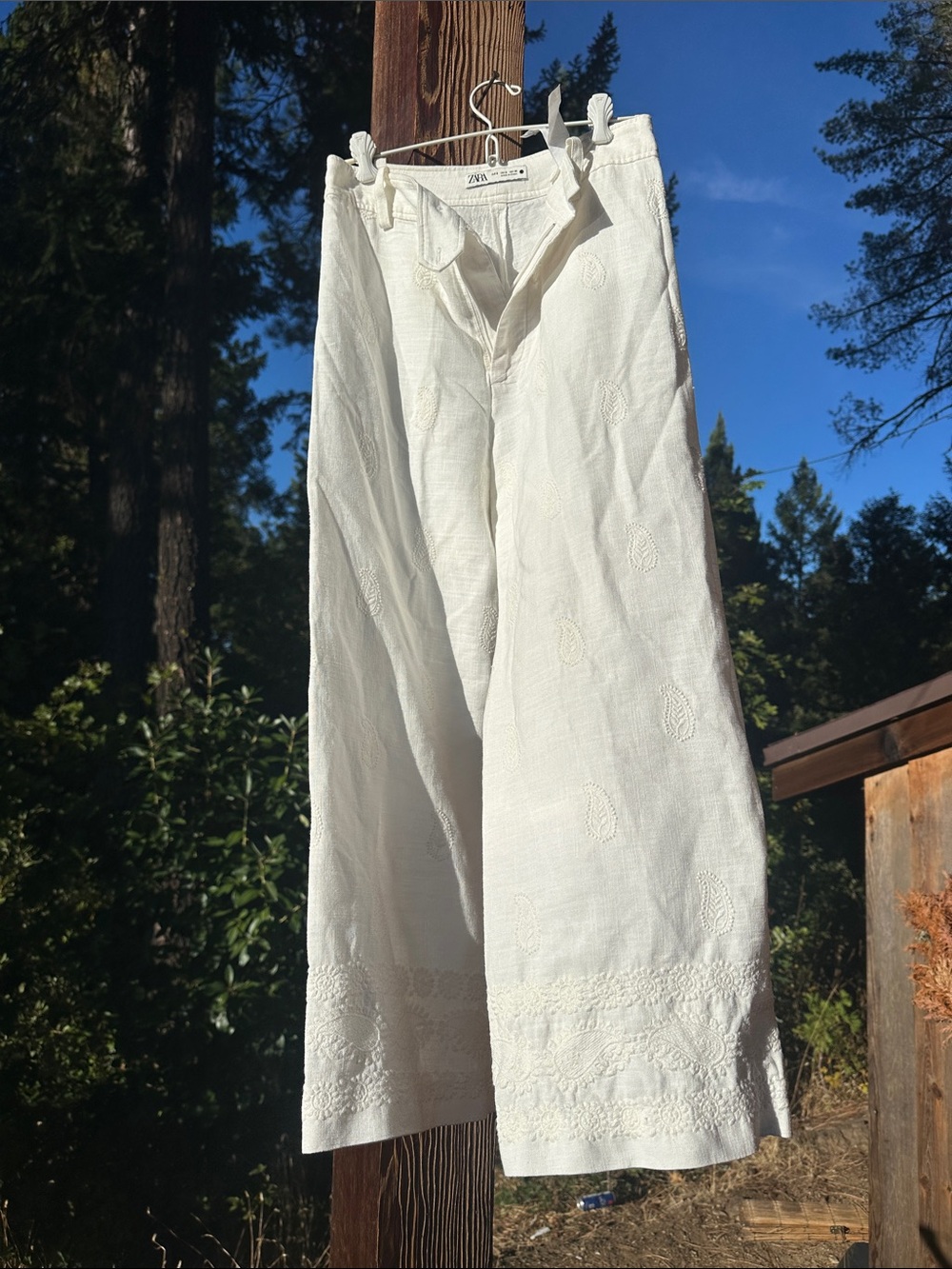 Zara White Embroidered Wide-Leg Chinos